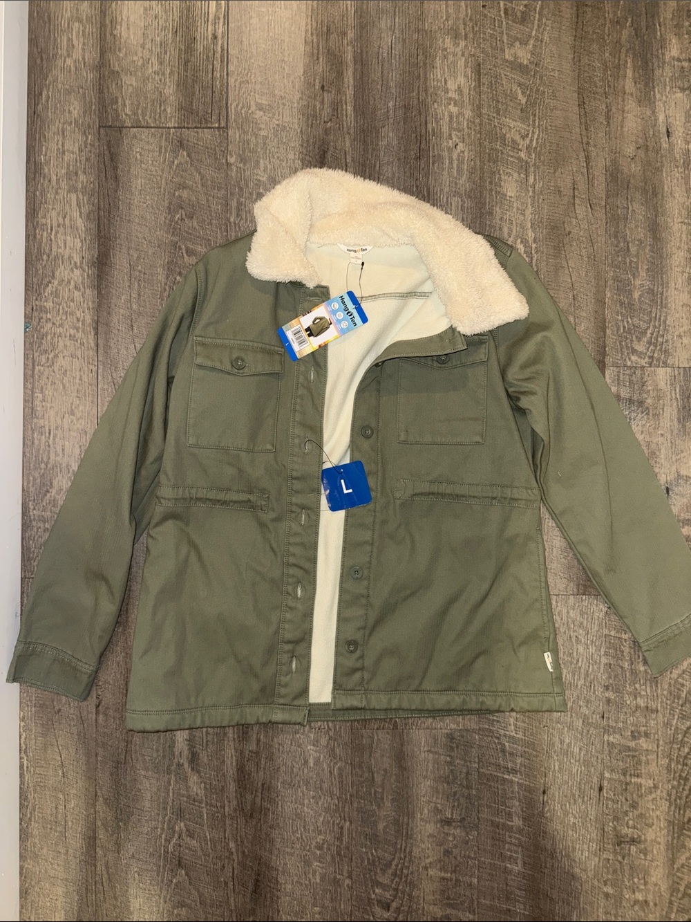 Hang Ten Olive Green Sherpa-Lined Utility Jacket with Cream Collar